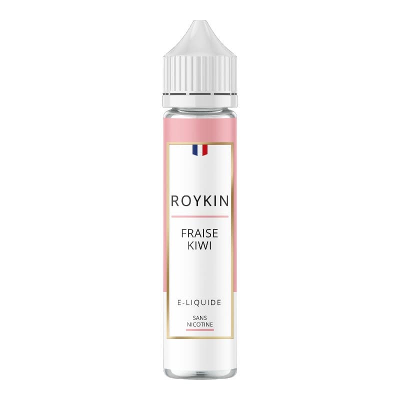 Flacon d'e-liquide Roykin Fraise Kiwi 50ml avec étiquette rose et blanche, bouchon blanc et design épuré.
