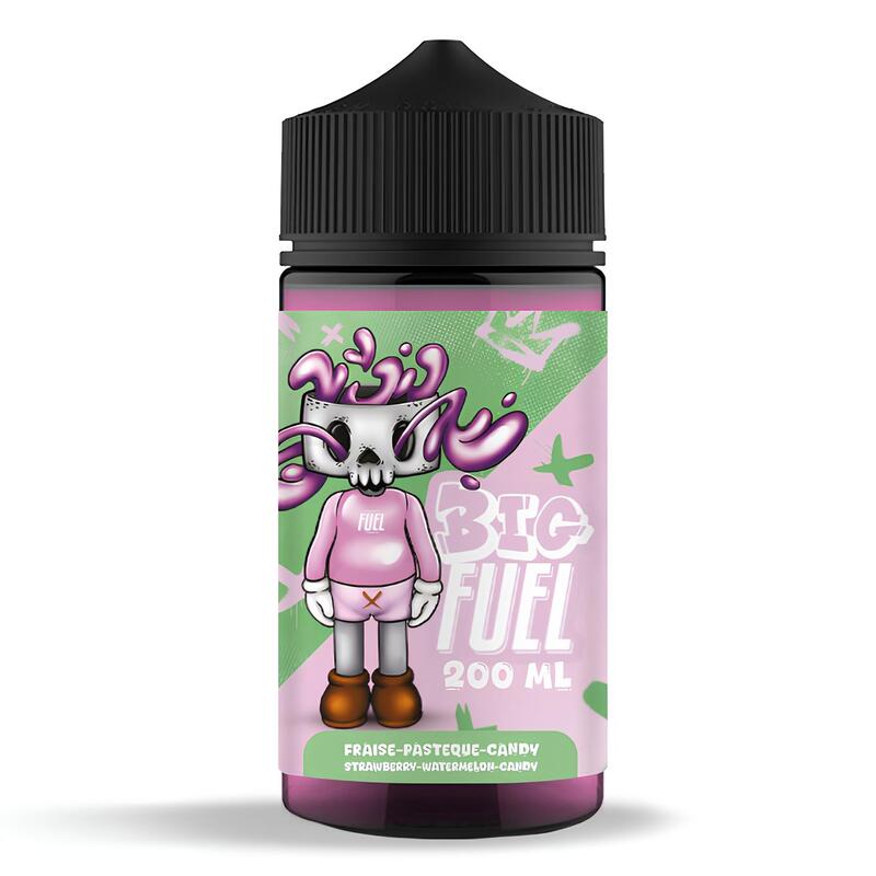 Flacon d'e-liquide Big Fuel 200ml avec étiquette rose et verte illustrée d'un personnage de style graffiti.