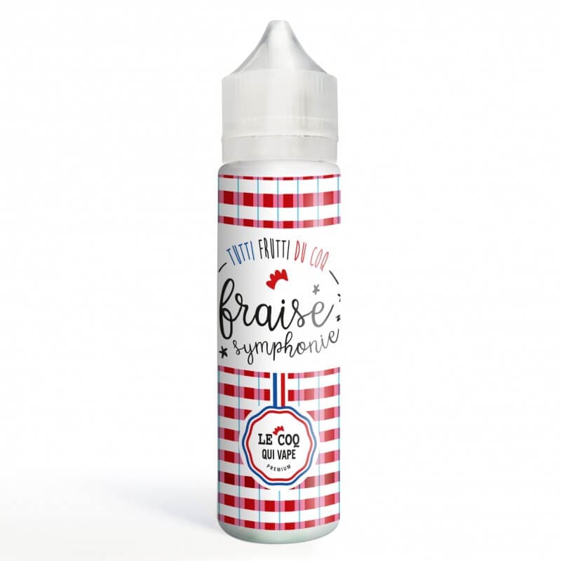 Flacon de 50ml d'e-liquide Fraise Symphonie Le Coq Qui Vape avec étiquette à motif vichy rouge et blanc.