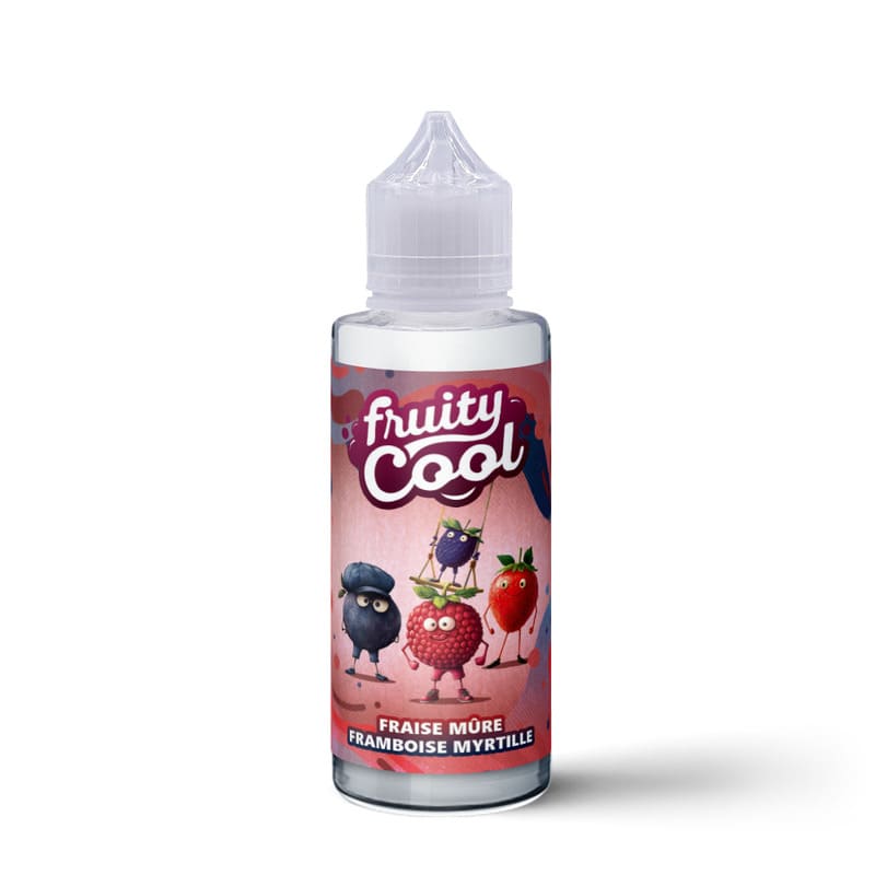 Flacon d'e-liquide Fruity Cool 100ml avec étiquette illustrée de fruits rouges anthropomorphes sur fond rose.