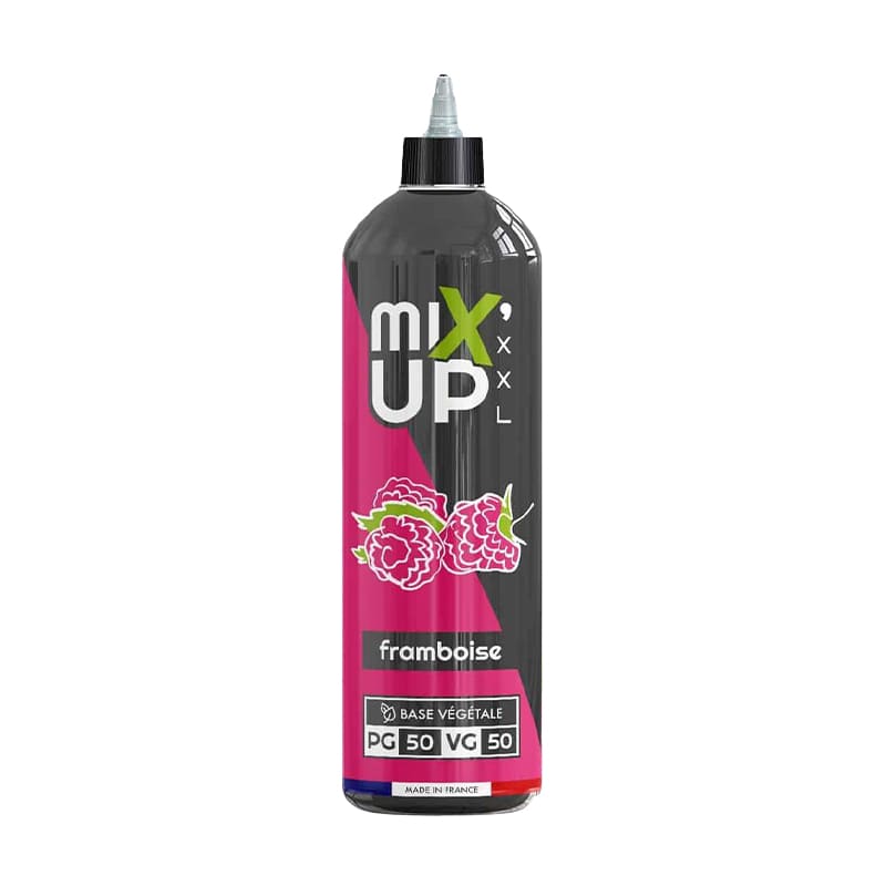 Flacon de 1 litre d'e-liquide Mix'Up Framboise avec étiquette rose et noire, base végétale 50/50, fabriqué en France.