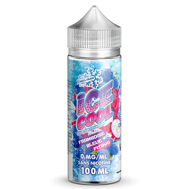 Flacon d'e-liquide Ice Cool 100ml au design bleu glacé avec illustrations de framboises bleues et de pitaya.