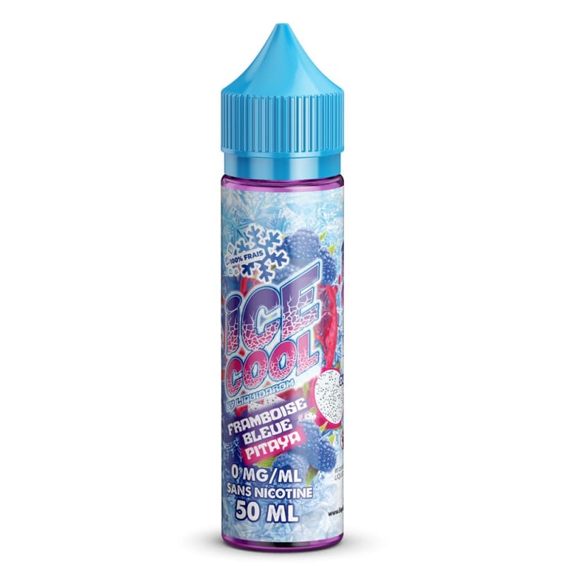 Flacon d'e-liquide Ice Cool 50ml avec bouchon bleu, étiquette illustrée de framboises bleues et de pitaya sur fond givré.