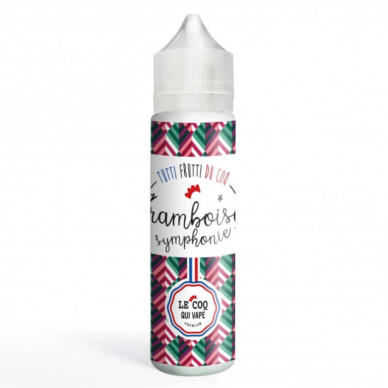 Flacon de 50ml Framboise Symphonie Le Coq Qui Vape avec étiquette colorée à motifs géométriques et bouchon blanc.