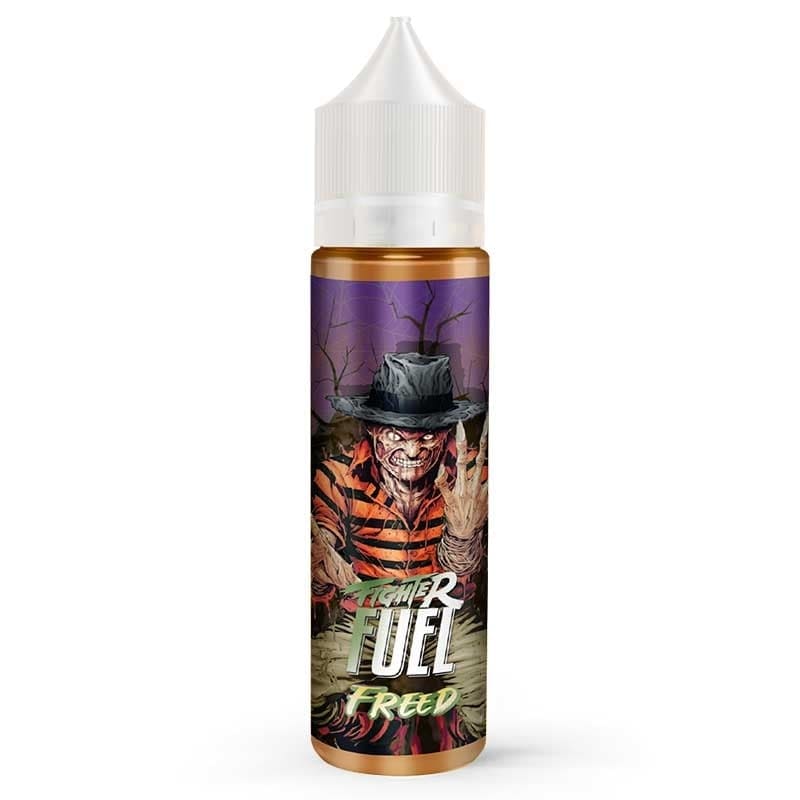 Flacon de e-liquide Fighter Fuel Freed avec étiquette illustrée d'un personnage effrayant et bouchon blanc.