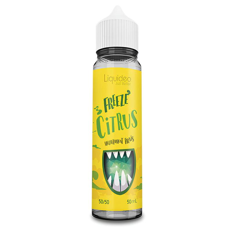 Flacon de 50ml Liquideo Freeze Citrus avec étiquette jaune, illustration de crocs et bouchon blanc.