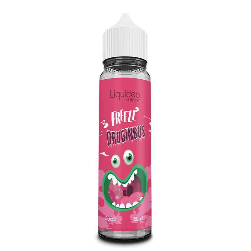 Flacon de 50ml Liquideo Freeze Druginbus avec étiquette rose, illustration de monstre gourmand et bouchon blanc.