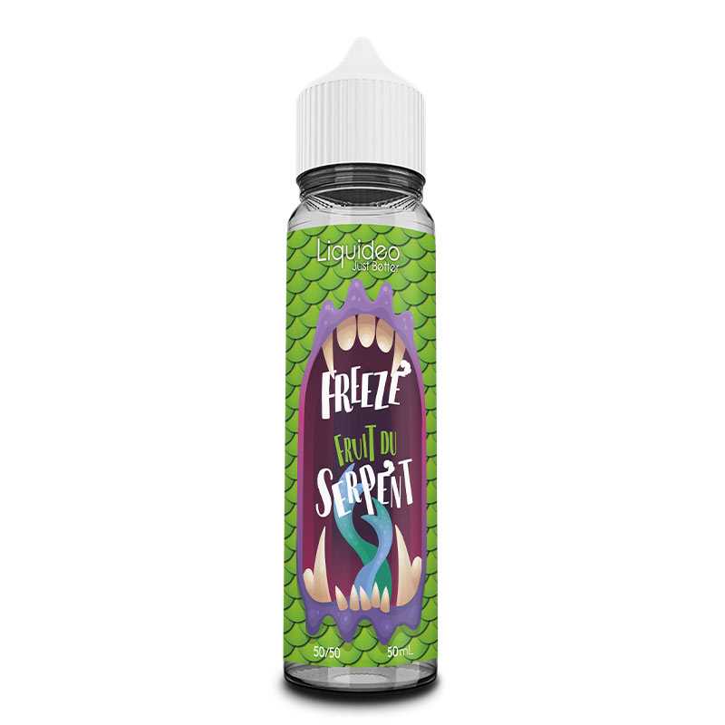 Flacon de 50ml Liquideo Freeze Fruit du Serpent avec étiquette verte à écailles et illustration de gueule de monstre.
