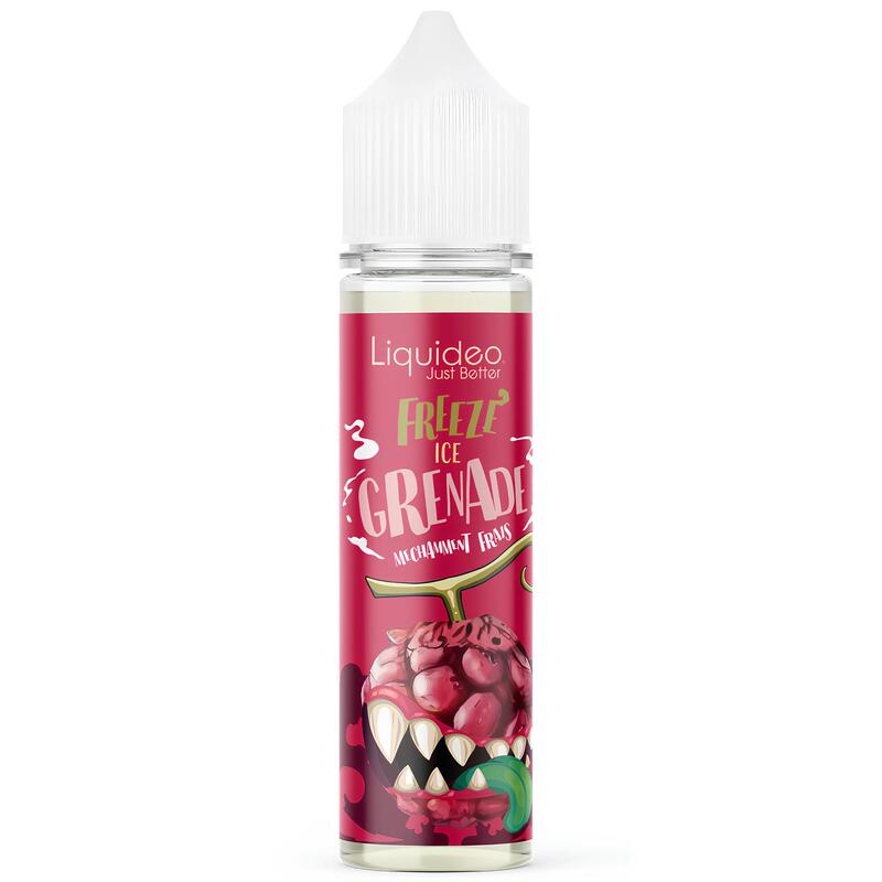 Flacon d'e-liquide Liquideo Freeze Ice Grenade 50ml avec étiquette rouge illustrée d'une grenade monstrueuse.
