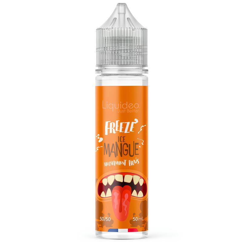 Flacon d'e-liquide Liquideo Freeze Ice Mangue 50ml avec étiquette orange illustrée d'une bouche monstrueuse.