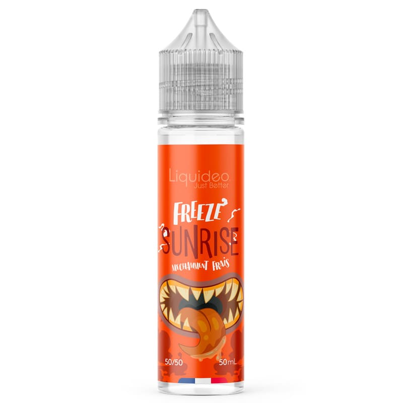 Flacon de 50ml Liquideo Freeze Sunrise avec étiquette orange, illustration de monstre et bouchon transparent.