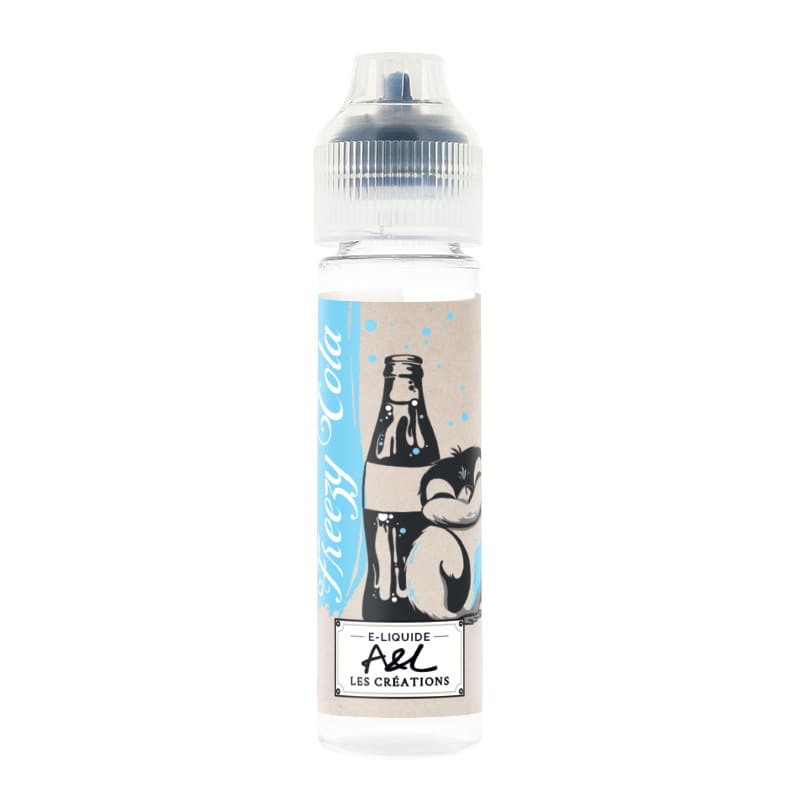 Flacon de 50ml d'e-liquide Freezy Cola A&L avec étiquette illustrée d'une bouteille de soda et d'un manchot sur fond bleu.