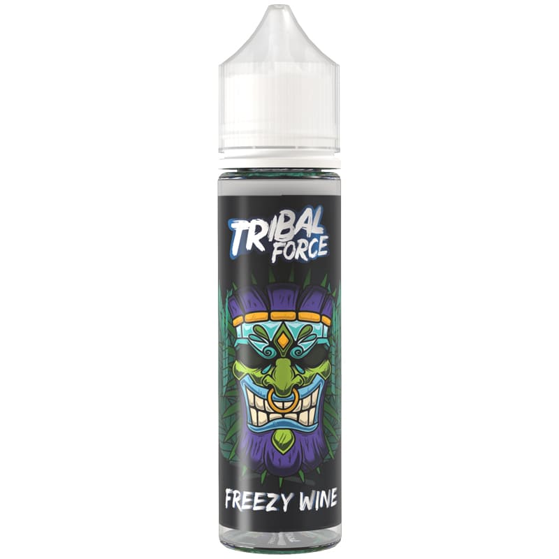 Flacon de 50ml d'e-liquide Freezy Wine Tribal Force avec étiquette illustrée d'un masque tiki coloré sur fond noir.