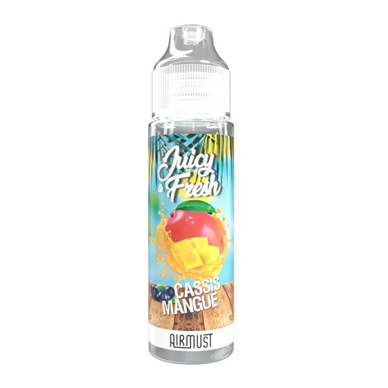 Flacon d'e-liquide Juicy & Fresh Cassis Mangue 60ml par Airmust avec étiquette tropicale illustrant des fruits frais.