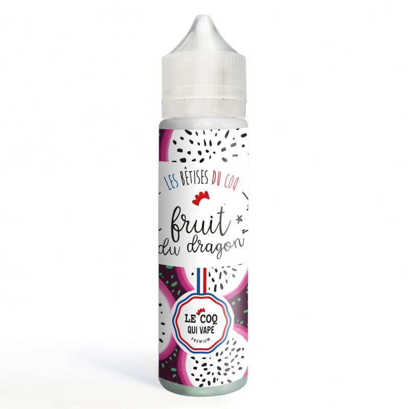 Flacon de 50ml Le Coq Qui Vape Fruit du Dragon avec étiquette illustrée de pitayas sur fond blanc et bouchon transparent.