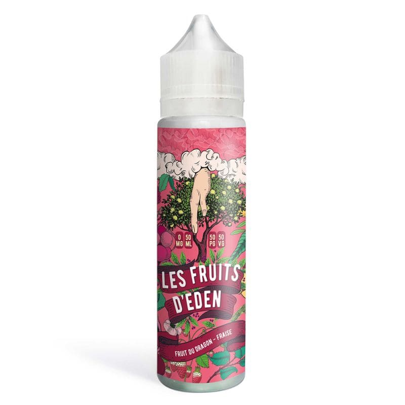 Flacon d'e-liquide 50ml Les Fruits d'Eden avec étiquette rose illustrée de fraises, fruit du dragon et main tendue.