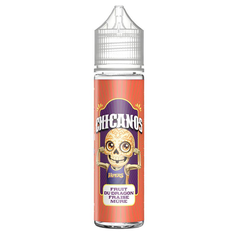 Flacon d'e-liquide Chicanos Fruit du Dragon Fraise Mûre avec étiquette orange illustrée d'une tête de mort mexicaine.