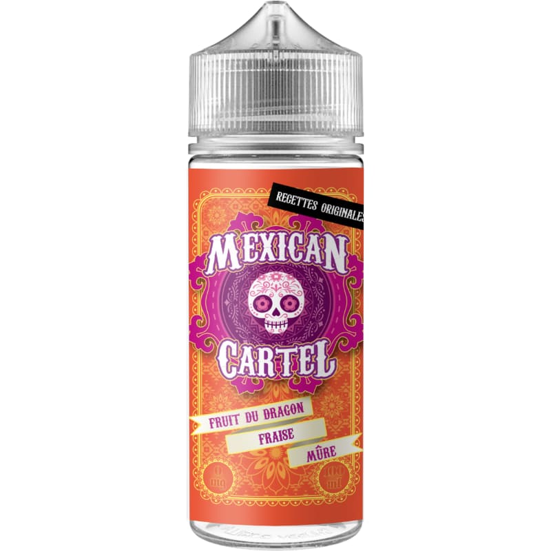 Flacon d'e-liquide Mexican Cartel Fruit du Dragon, Fraise et Mûre avec étiquette orange ornée d'une tête de mort mexicaine.