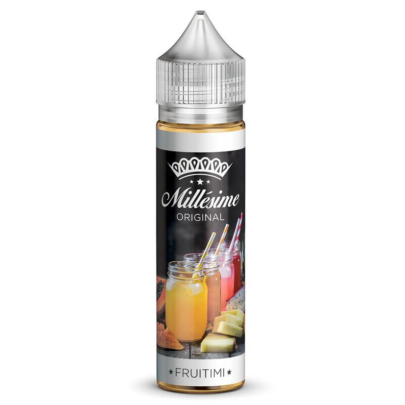Flacon d'e-liquide Fruitimi 50ml Millésime avec étiquette illustrée de cocktails tropicaux, mangue et ananas sur fond noir.