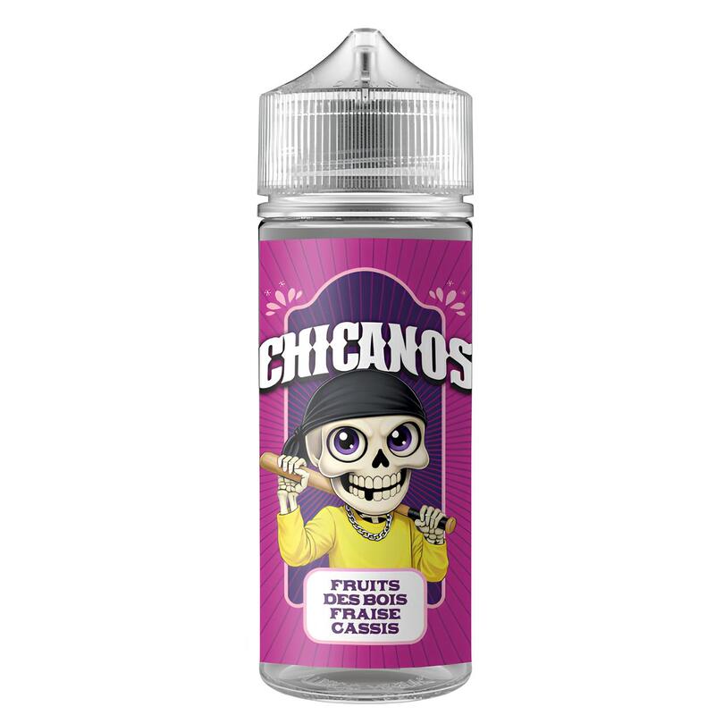 Flacon d'e-liquide Chicanos Fruits des Bois Fraise Cassis avec étiquette violette illustrée d'un squelette en jaune.