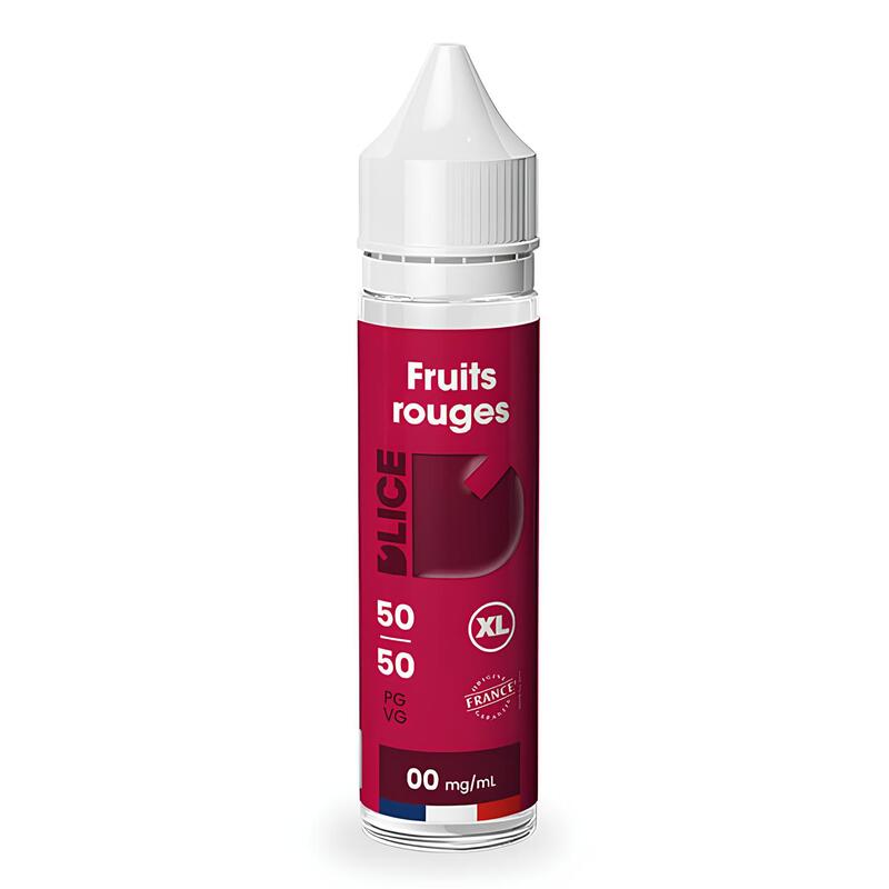 Flacon d'e-liquide D'lice Fruits Rouges 50ml avec étiquette rouge, bouchon blanc et ratio 50/50 PG/VG.