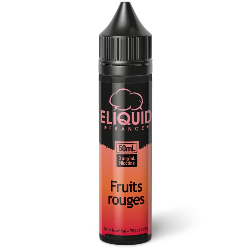 Flacon de 50ml Eliquid France Fruits Rouges avec étiquette dégradée rouge et orange et bouchon noir de sécurité.