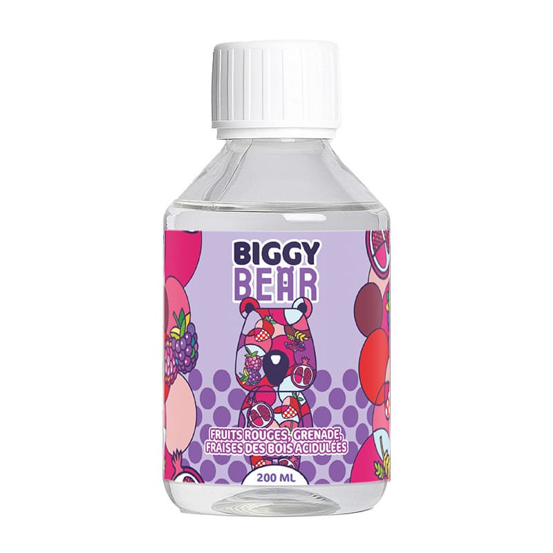 Flacon de 200ml d'e-liquide Biggy Bear aux fruits rouges, grenade et fraise des bois avec étiquette illustrée.