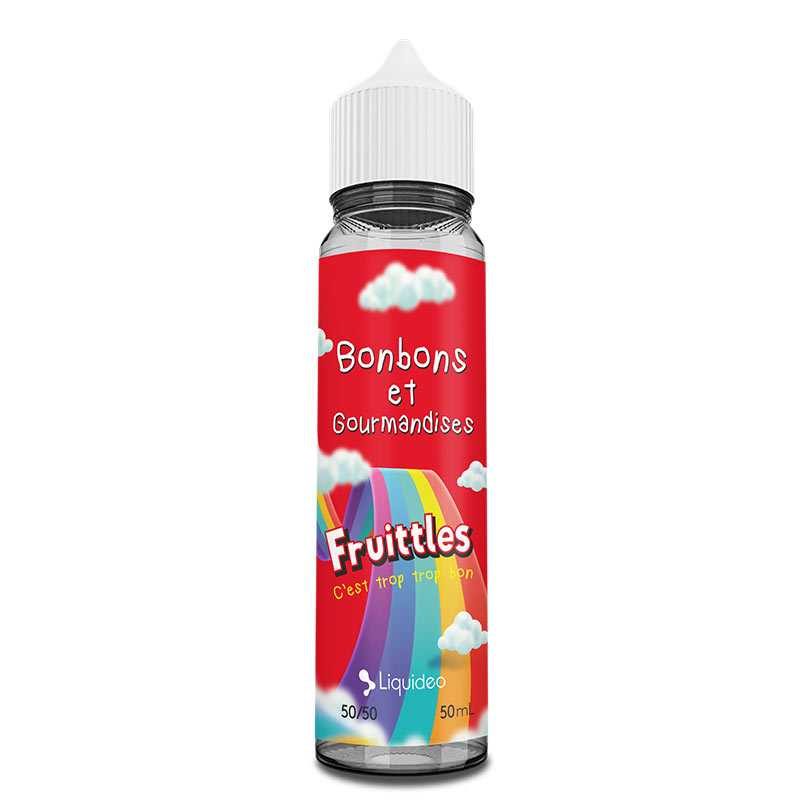 Flacon d'e-liquide Fruittles Liquideo 50ml avec étiquette rouge, arc-en-ciel, nuages et design coloré façon bonbons.