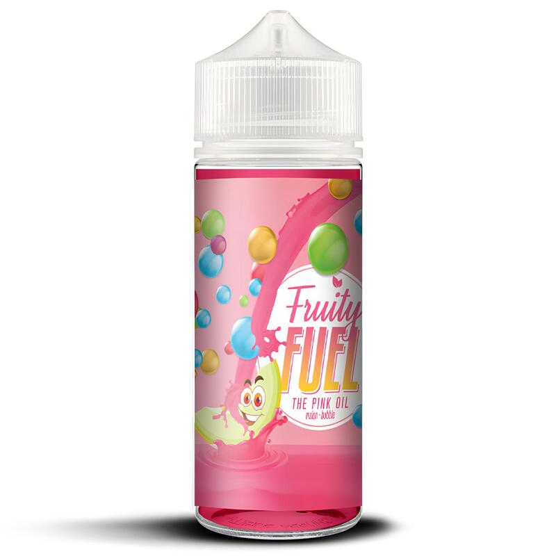 Flacon de 100ml d'e-liquide Fruity Fuel The Pink Oil avec étiquette rose, illustrations de melon et bulles colorées.