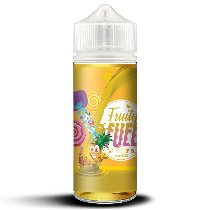 Flacon de 100ml Fruity Fuel The Yellow Oil avec étiquette jaune illustrée d'un ananas souriant et de bonbons colorés.