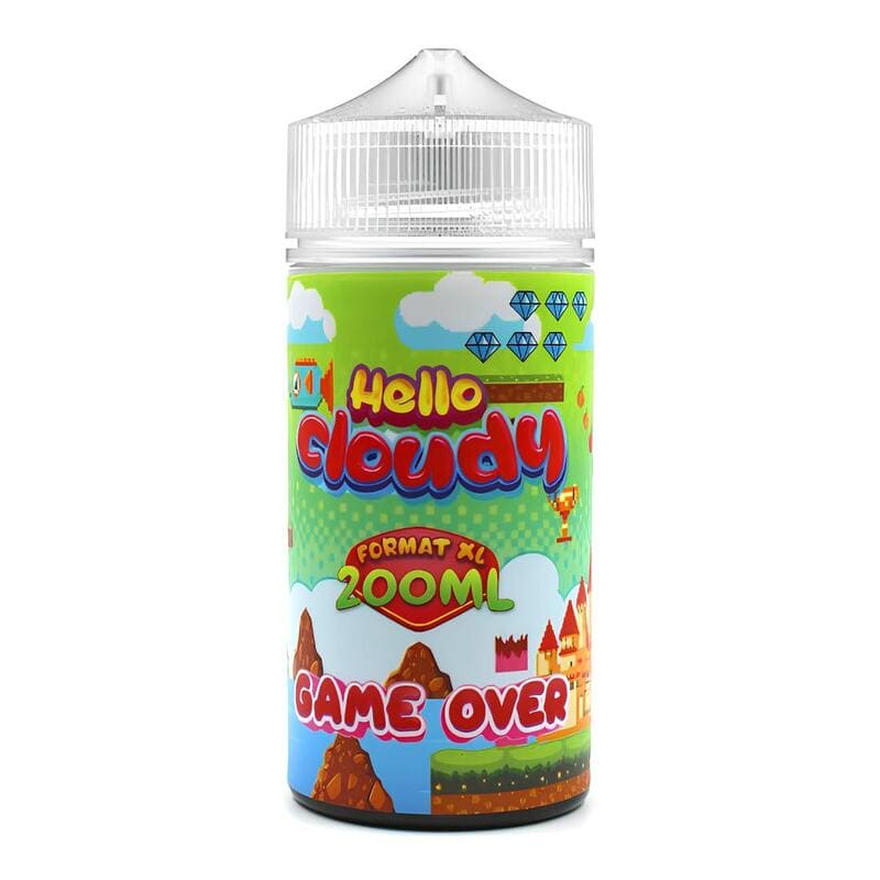 Flacon unicorn de 200ml Hello Cloudy Game Over avec étiquette colorée style jeu vidéo rétro sur fond blanc.
