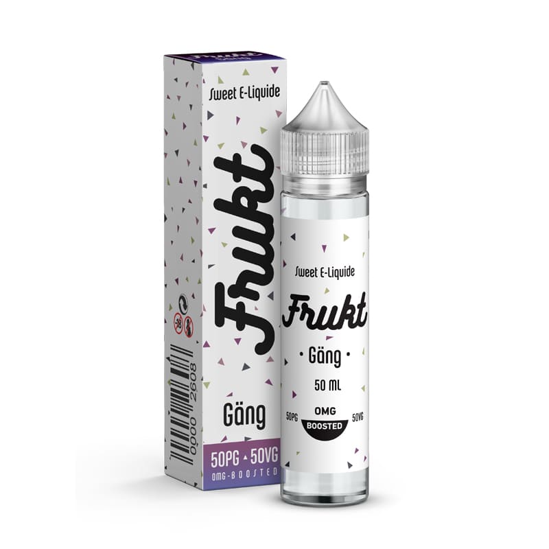 Flacon de 50ml et boîte cartonnée blanche Frukt Gäng Savourea avec motifs triangulaires colorés et bouchon transparent.