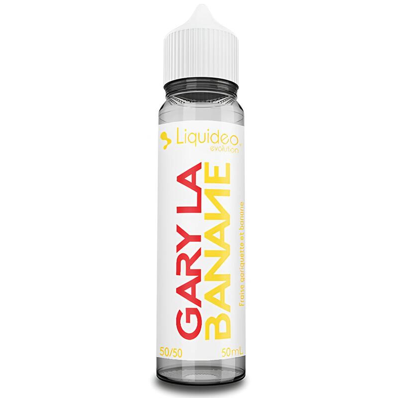 Flacon 50ml d'e-liquide Liquideo Gary La Banane avec étiquette blanche, texte rouge et jaune, bouchon blanc.