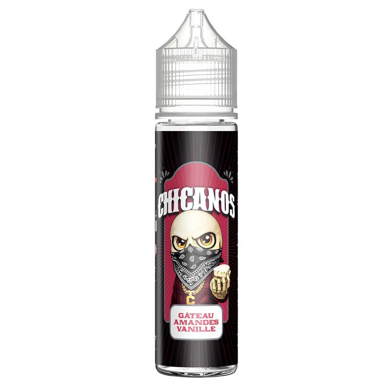 Flacon d'e-liquide Chicanos Gâteau Amandes Vanille avec étiquette illustrée d'un personnage masqué sur fond rouge.