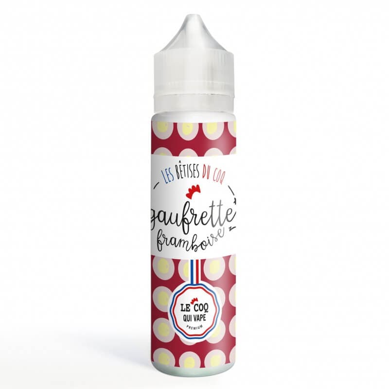 Flacon de 50ml Le Coq Qui Vape Gaufrette Framboise avec étiquette à motifs rouges et blancs sur fond blanc.