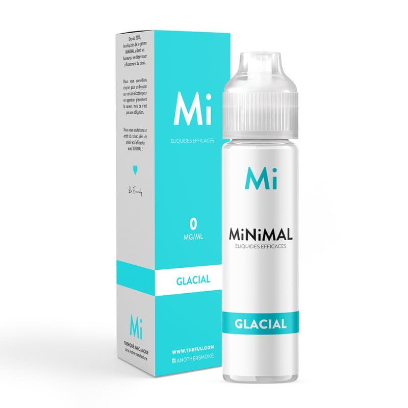 Flacon de 50ml d'e-liquide MiNiMAL Glacial par The Fuu avec sa boîte bleue et blanche, design minimaliste et frais.