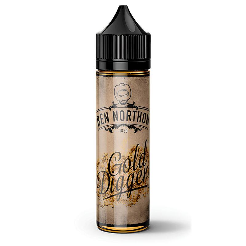 Flacon d'e-liquide Ben Northon Gold Digger 50ml avec étiquette vintage, bouchon noir et design inspiré du western.