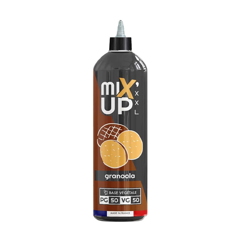 Flacon d'e-liquide Granoola Mix'Up 1L noir et marron avec illustration de biscuits, format XXL, ratio 50/50 PGV/VG.