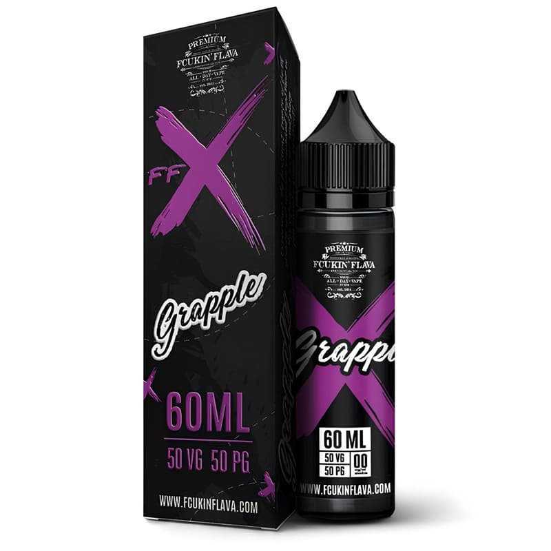 Flacon de 50ml et boĂźte noire et violette du e-liquide Grapple FFX par Fcukin Flava avec logo en forme de X.