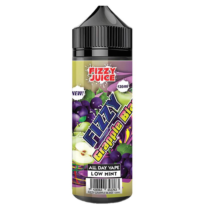 Flacon de 100ml Fizzy Grapple Blast avec étiquette illustrée de raisins noirs et pommes vertes sur fond noir.