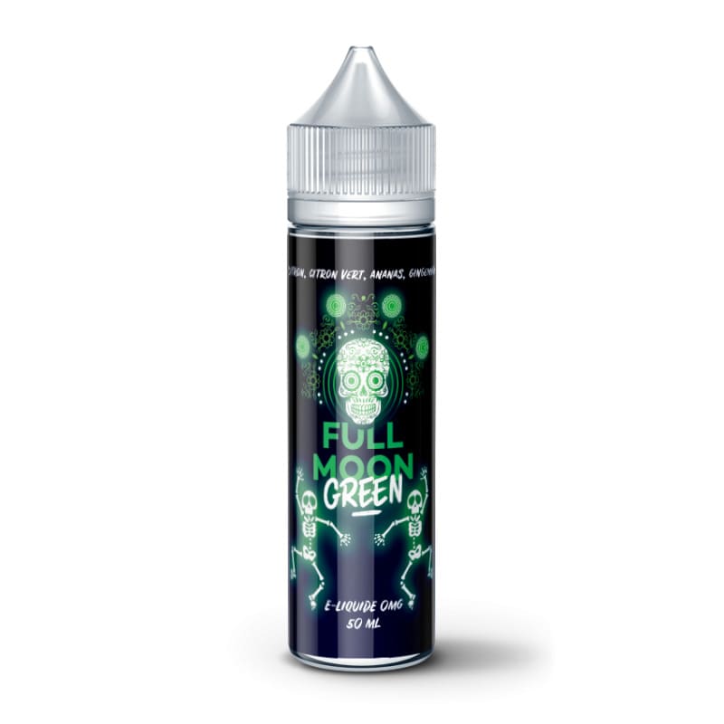 Flacon de 50 ml d'e-liquide Full Moon Green avec étiquette noire, motif de crâne mexicain vert et bouchon blanc.