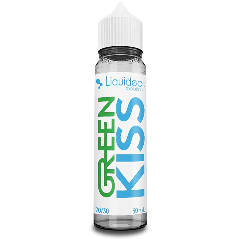 Flacon de 50ml Liquideo Evolution Green Kiss avec étiquette blanche, texte vert et bleu, bouchon blanc sur fond blanc.