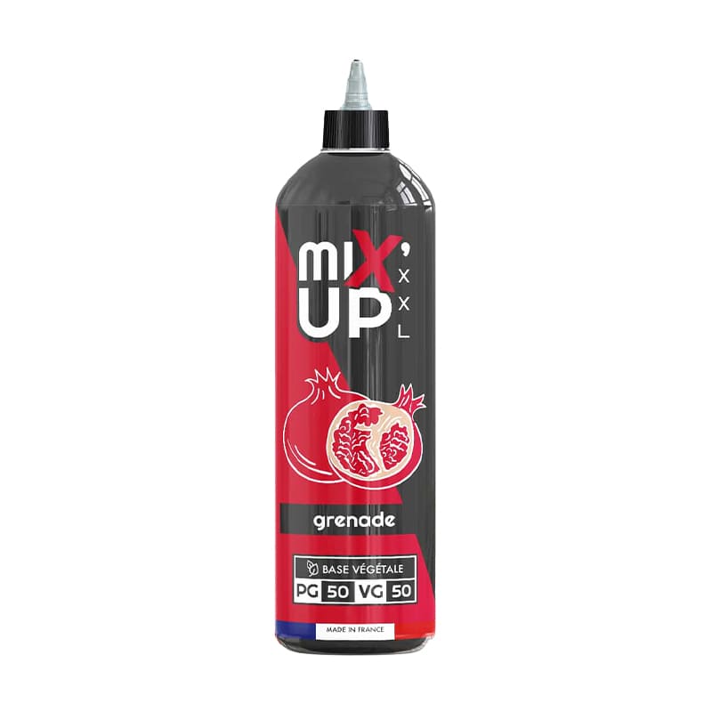 Flacon d'e-liquide Mix'Up XXL Grenade 1 litre, design noir et rouge avec illustration de grenade, base 50/50 végétale.