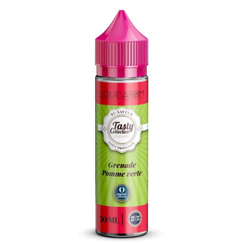 Flacon d'e-liquide 50ml Tasty Collection Grenade Pomme Verte avec bouchon rose vif et étiquette verte illustrée.
