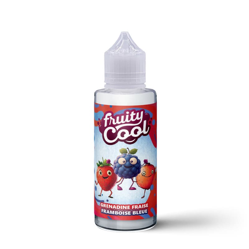 Flacon d'e-liquide Fruity Cool 100ml avec étiquette illustrée de fruits souriants sur fond rouge et bleu.
