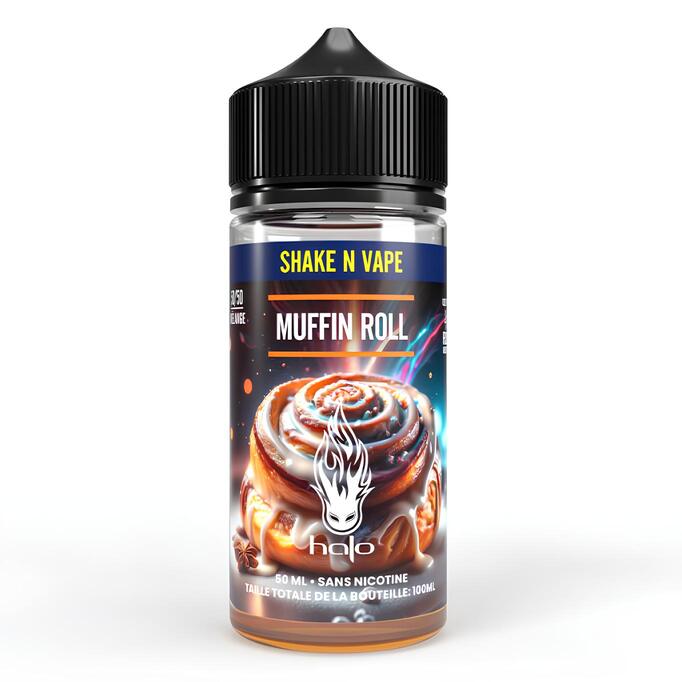 Flacon d'e-liquide Halo Muffin Roll 50ml avec bouchon noir, étiquette illustrée d'un muffin à la cannelle sur fond coloré.