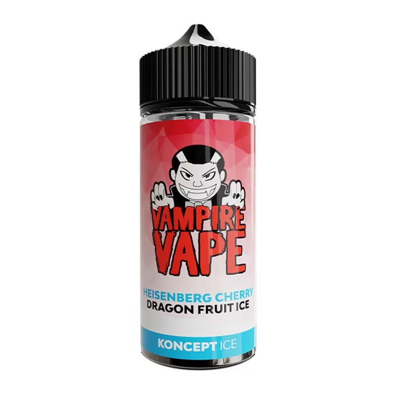 Flacon d'e-liquide Vampire Vape Heisenberg Cherry Dragon Fruit Ice avec étiquette rouge et logo vampire sur fond blanc.