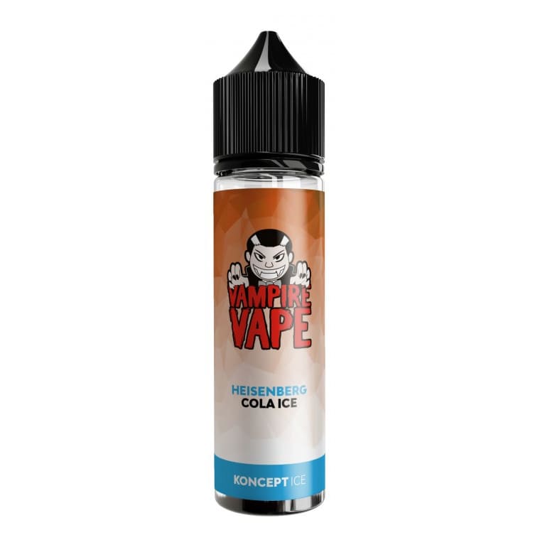 Flacon d'e-liquide Vampire Vape Heisenberg Cola Ice avec étiquette orange et logo vampire sur fond blanc.