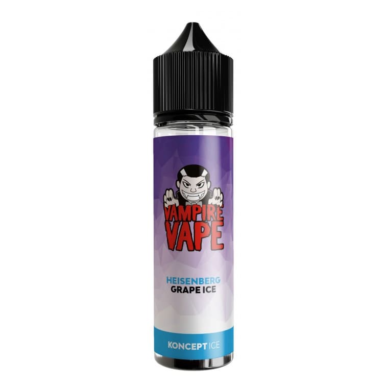 Flacon d'e-liquide Vampire Vape Heisenberg Grape Ice avec étiquette violette, logo vampire et bouchon noir.