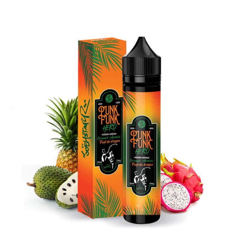 Flacon de 50ml Punk Funk Hero Corossol Ananas Fruit du Dragon avec boîte orange décorée de feuilles tropicales.